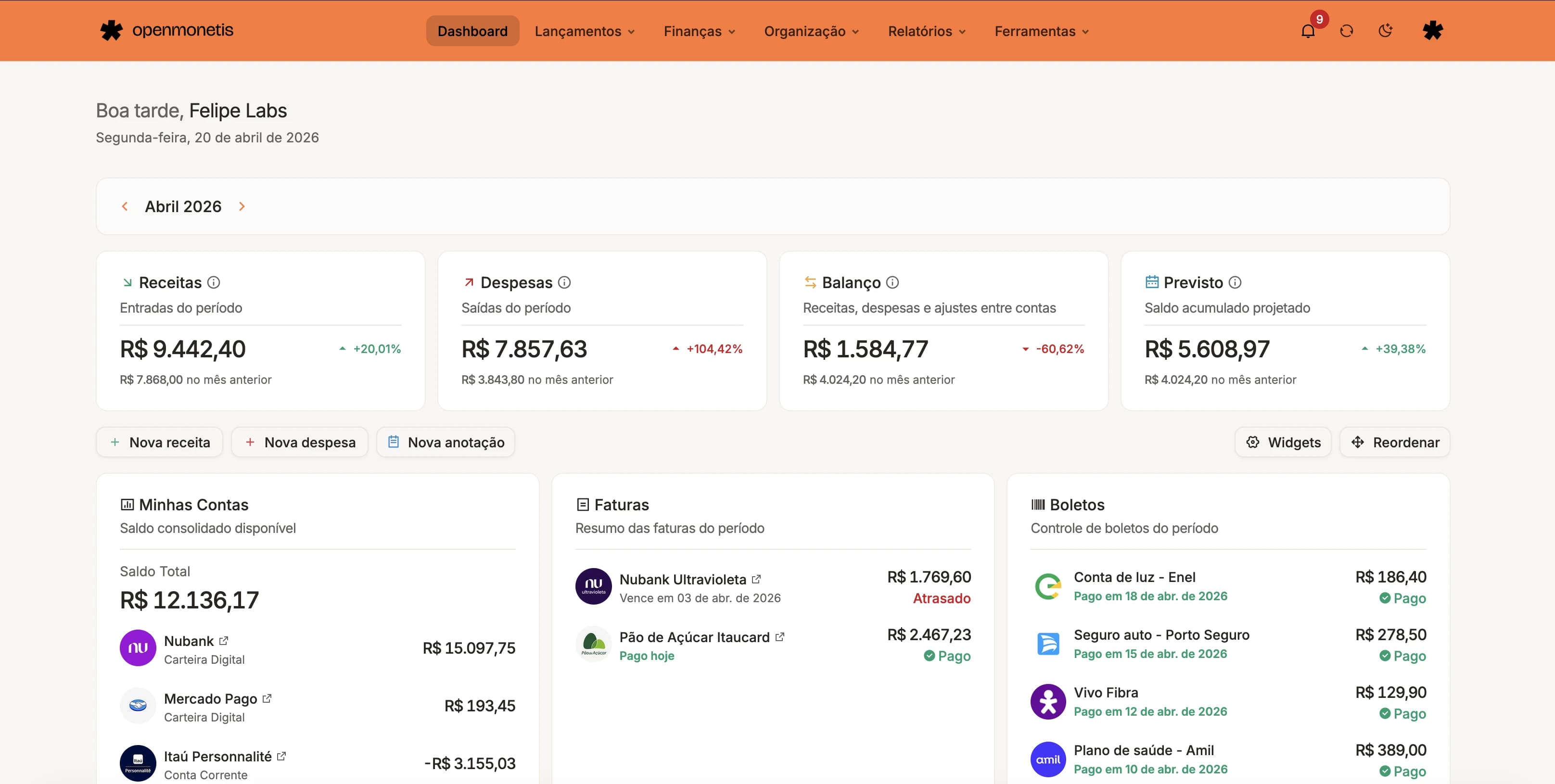 openmonetis Dashboard Preview